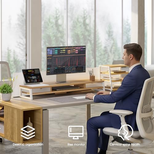 Fenge Dual Monitor Stand, Monitor Riser with Drawer, 42.5 Inch Large Computer Monitor Stand for 2 Monitors, 2 Tier Wooden Desk Shelf for Top of Desk - color: Dark Oak
