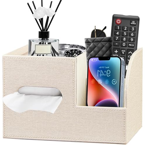 Leather Square Tissue Box Cover with Storage Tray,Cube Tissue Box Holder,Modern Facial Paper Organizer with Remote Control Holder for Bathroom,Vanity Countertop,End Table NightStand Home Office.Beige - color: Beige
