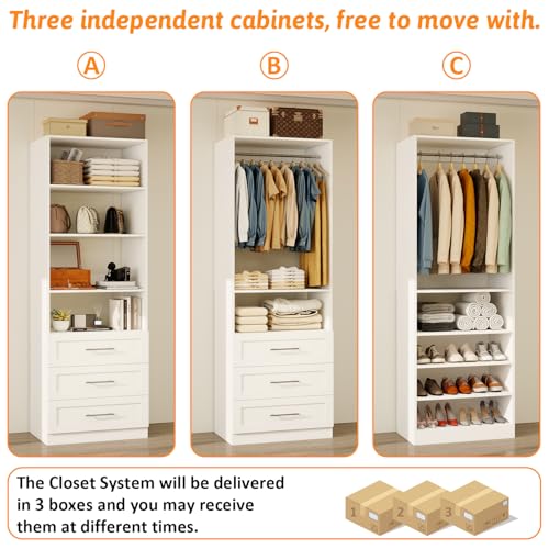 Closet System With 3 Sets, 6–16 Ft Closet Organizer System With 6 Drawers, Walk-In Closet With 9 Shelves & 5 Adjustable Hanging Rods, Customizable Modular Closet Kit, White