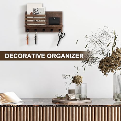 Key Holder Wall Mount, Mail Organizer for Wall with 5 Square Rustic Key Hooks Key Shelf Farmhouse Home Decor for Entryway - color: Brown