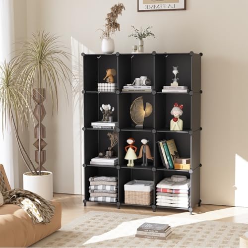 AWTATOS Cube Storage Organizer Closet Storage Shelves DIY Stackable Plastic Storage 12 Cube Bookshelf, Ideal Storage Organizer for Closet, Home, Bedroom, Black - color: Black