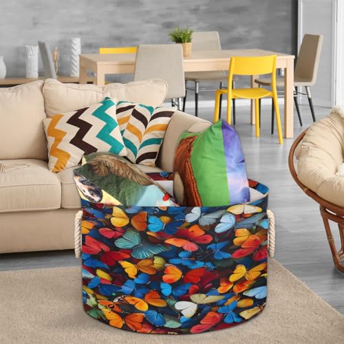 Pardick Colorful Butterfly Large Round Storage Basket Collapsible Circle Storage Bin Laundry Hamper With Handle for Kids Toy Blanket Clothes Towel Living Room Nursery Storage Organizer Decor - color: Print 10