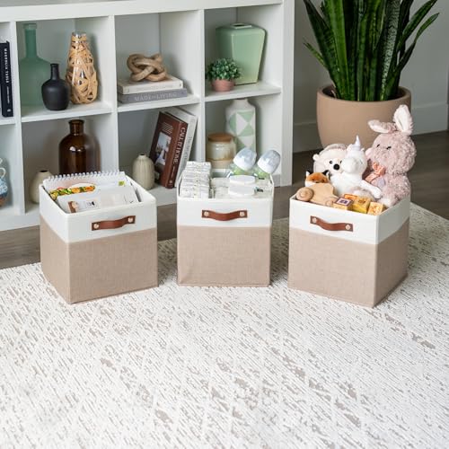 OrganiHaus 11" x 11" x 11" Fabric Cubes Storage Bins Set of 4, Foldable Collapsible Canvas Storage Bins for Organizer, Toy Organizer for Kallax, 11 Inch Linen Cube Shelf Baskets - Beige/White - color: Beige Base / Off-White, size: (11x11) Leather Handles