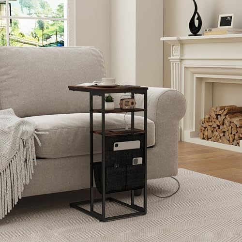 C Shaped End Table with Charging Station, 28"(H) 3-Tier C Table with Storage Bag, Under Couch Table C-Shaped End Table with Storage Shelves and Bag for Living Room, Bedroom, or Office - color: Rustic Brown, size: Wood--with Socket