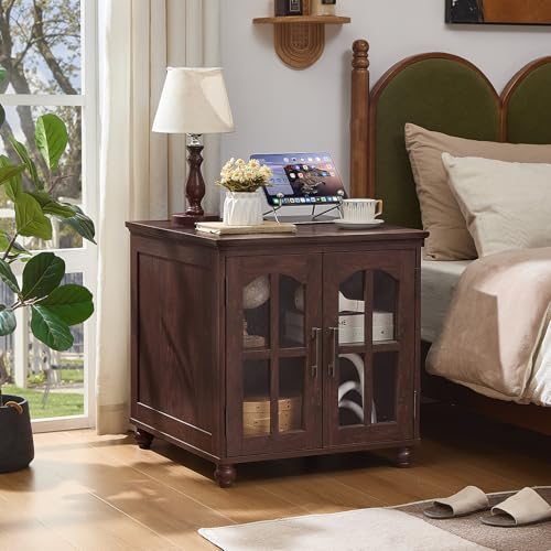 RWYHG Farmhouse End Table with Charging Station,24" Large Sofa Side Table with Glass Barn Door,Rustic Wood Night Stand with Adjustable Storage Shelf,Square Bedside Table for Living Room,Bedroom Office - color: Retro Walnut, size: Set 1