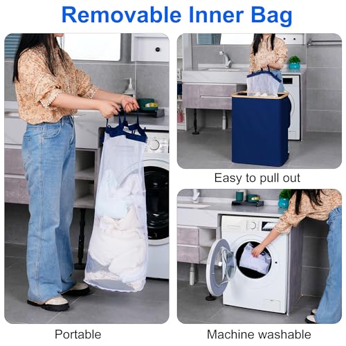 efluky Laundry Hamper with Lid, Trio Laundry Hamper with 3 Removable Bags, 3 Section Laundry Basket with Bamboo Handles for Bathroom, Bedroom & Laundry Room, 160L Blue - color: Blue, size: 160L Trio