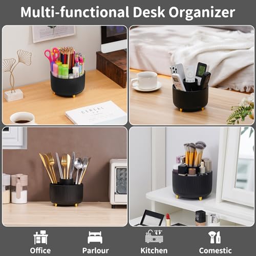Marbrasse Desk Organizer, 360-Degree Rotating Pen Holder, Desk Organizers and Accessories with 5 Compartments Pencil Holder, Art Supply Storage Box Caddy for Office, Home (Black) - color: Black