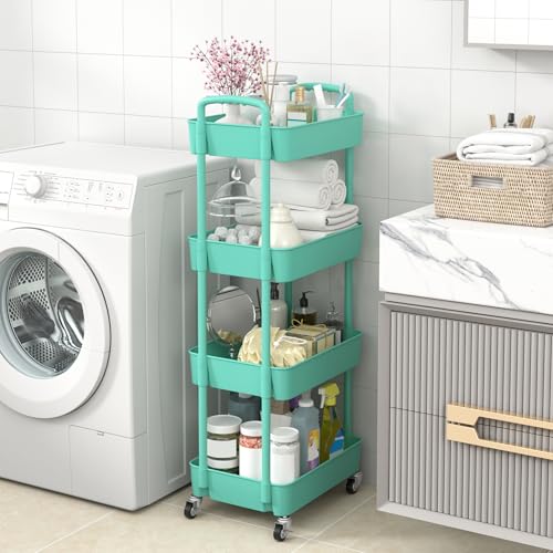 Sywhitta 4-Tier Plastic Rolling Utility Cart with Handle, Multi-Functional Storage Trolley for Office, Living Room, Kitchen, Movable Storage Organizer with Wheels, Green - color: Green, size: 4-tier