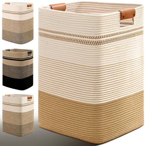 Laundry Hamper, 85L Large Laundry Basket with Leather Handles, Dirty Clothes Hamper for Laundry, Woven Tall Laundry Basket for Blankets, Cotton Hampers for Bedroom, Living Room, Nursery - color: Jute & White, size: 85L