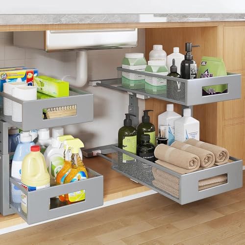 Under Sink Organizer,2-Tier Dual Pull Out Cabinet Organizer Drawers With Smooth Circular Rail,Large Capacity Metal Mesh Sliding Shelves For Bathroom& Kitchen Storage,Height Adjustable–Gun Gray,2 Packs - color: Gun Gray, size: 2 Pack-15.9"Dx11.6"-16.7" H