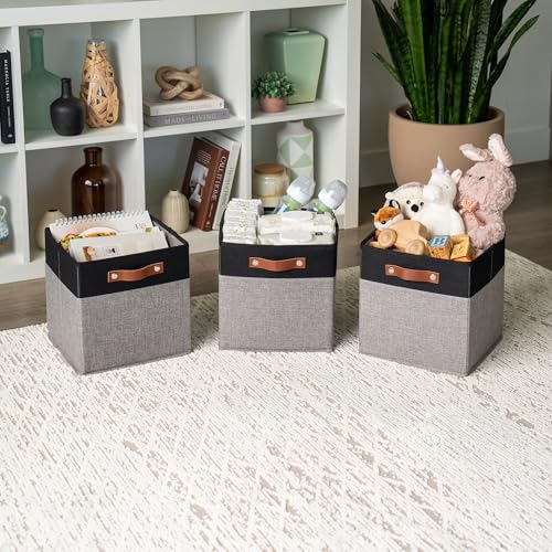 OrganiHaus 11" x 11" x 11" Fabric Cube Storage Bins - Set of 4, Canvas Cubby Bins with Vegan Handles, Square Storage Cubes, Kallax Storage Cubes, 11 Inch Cubic Baskets for Shelves in Gray/Black - color: Gray Base / Black, size: (11x11) Leather Handles