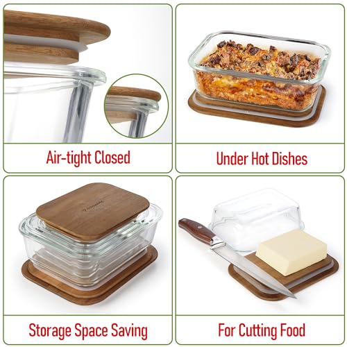 Glass Container Set with Acacia Lids - 4 Stackable Meal Prep Containers. Durable heat resistant Inert Borosilicate Glass - color: 4 Containers with Acacia Lids