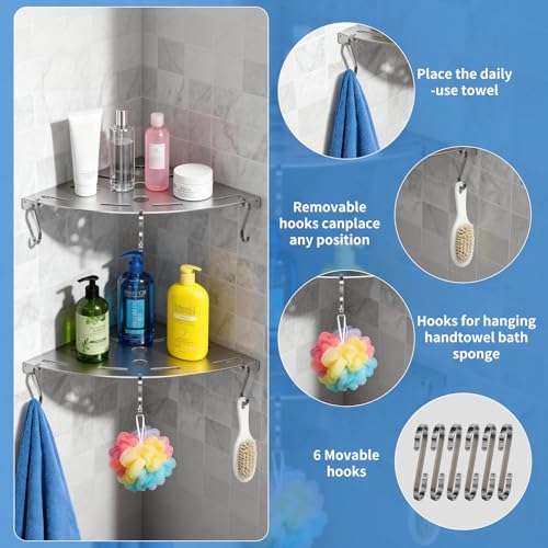 2 Pack Corner Shower Shelves, 304 Stainless Steel Corner Shelf Bathroom with 6 Hooks 40 lbs Heavy Duty, Durable for Inside Shower Brushed Nickel Drilling Installation (Silver) - color: Silver Thickness 2mm 2pcs