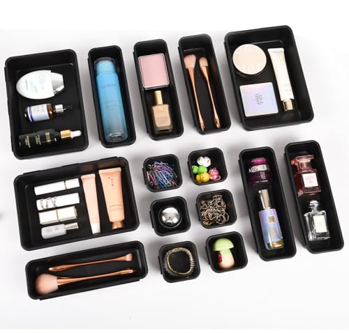 Kutesna 15 Piece Drawer Organizer Set, 3 Size Interlocking Plastic Storage Bins for Office Supplies, Jewelry Makeup Vanity, Bathroom Kitchen, Home Organization Closet, Gadgets Small Items, Black - color: Deep Black, size: 15PC