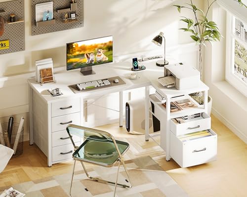 Coleshome L Shaped Computer Desk with 6 Drawers & Power Outlet, 55 Inch Corner Desk with Reversible Storage Shelf & File Drawer, Home Office Desk, White - color: White, size: 55 Inch