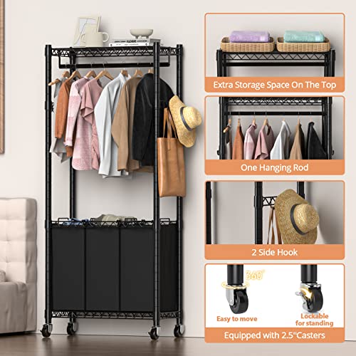 Hodonas Rolling Laundry Basket Organizer with Wheels and Hanging Bar, Laundry Hamper Cart Laundry Sorter 3 Section, Dirty Clothes Hampers for Laundry Bedroom Bathroom w/ 3 Removable Bags, Black - color: Black