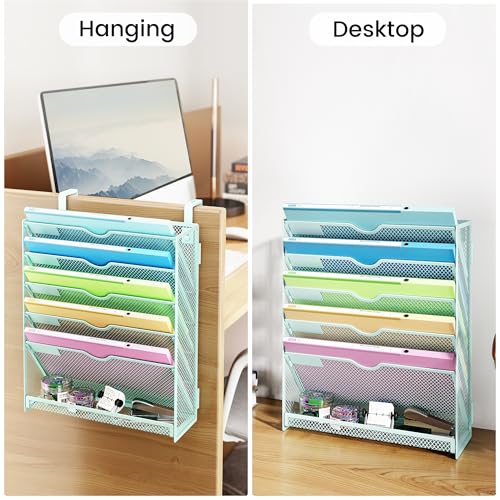 Hanging Wall File Organizer, 6-Tier Mint Green Desk Organizer with Metal Mesh, Foldable Document Organizer for Office Desk, Wall Mount Magazine Rack for Mail/Books/Tablet - color: Mint Green