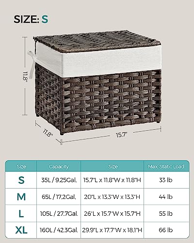 SONGMICS Storage Basket with Lid, Woven Blanket Storage Bin with Handles, Foldable, Removable Liner, Metal Frame, for Bedroom, Laundry Room, 9.2 Gallons (35 L), Brown URST040K01 - color: Brown, size: 35 L