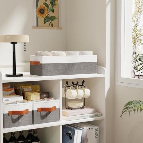 5 Pack Collapsible Storage Baskets, Fabric Foldable Storage Cubes for Organizing, Clothes Organizer Boxes with Handles, White and Gray, 15 x 6 x 5 Inch - color: White/Grey, size: 5-Pack