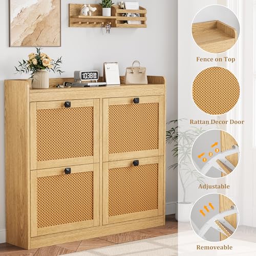 GarveeHome Shoe Cabinet Rattan with 4 Flip Drawers, Wooden Freestanding Shoe Organizer with Adjustable Shelves, Shoe Storage for Entryway, Closet, Hallway - color: Light Oak, size: 4-Drawers