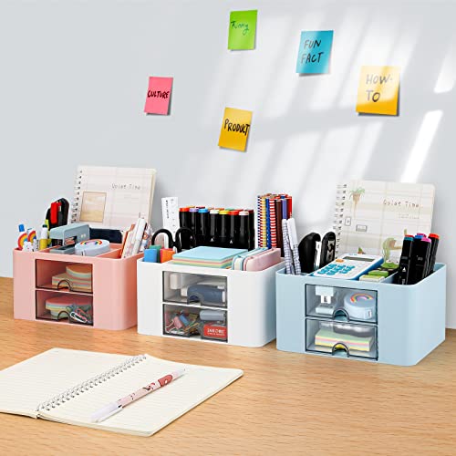 Desk Organizer with 2 Drawer, Plastic Desktop Pen Pencil Card Holder Storage Box for Desk, Office Supplies, Vanity Table Office School Home (Blue) - color: Blue