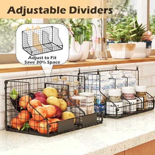 2 Tier Pantry Organizers and Storage Shelf, Stackable Can Organizer for Canned Food and Goods, Metal Wire Rack with 4 Adjustable Dividers Holds 60+ Cans for Under Cabinet Countertop