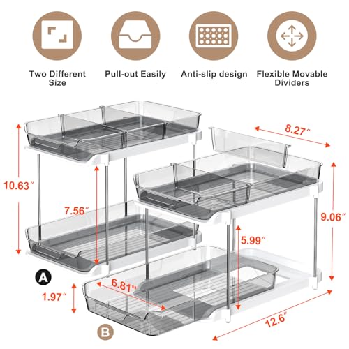 Delamu 2-Tier Multi-Purpose Bathroom Under Sink Organizers and Storage, Stackable Kitchen Pantry Organization, Pull Out Medicine Cabinet Organizer with Movable Dividers, Grey, 2 Pack - color: Grey, size: 2 Pack
