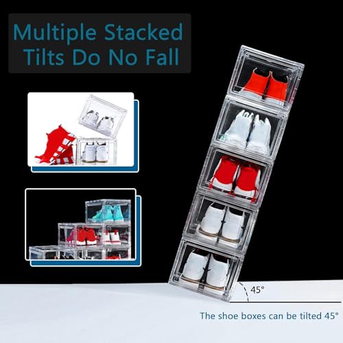 12 Pack Shoe Boxes, Clear Acrylic Plastic Shoe Boxes Stackable, Space-Saving Foldable Drop Front Shoe Storage Boxes Container for With Lids Fits Up to Size 15 (Transparency) - color: Transparency 2