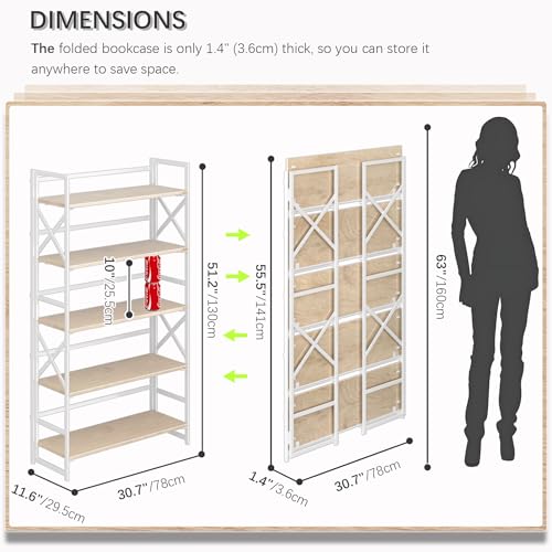 4NM Extra Wide 5 Tiers No Assembly Book Shelves, 51.2" H Folding Bookshelf Bookcase Open Industrial Foldable Shelves for Bedroom, Living Room, Home Office - Natural White - color: Natural White, size: Wide XX 5-Tier