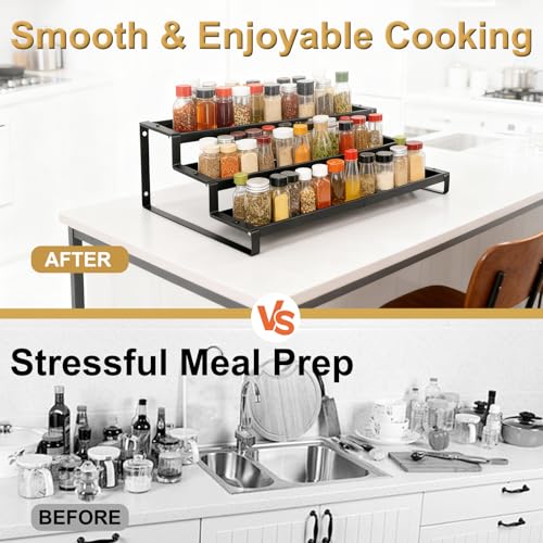 3-Tier Spice Rack Organizer for Cabinet, Expandable Kitchen Organizer 14.4 to 26.1 Inch Seasoning & Pantry Organizer for Countertop, Metal Non-Skid Step Storage Shelf for Condiments, Oils, Cans, Jars