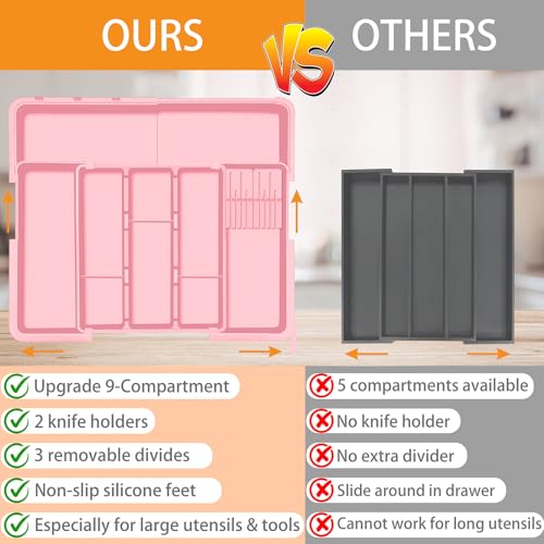Homecor Utensil Drawer Organizer for Kitchen, Expandable Silverware Organizer Cooking Utensils Tray, Large Cutlery and Flatware Holder, Kitchen Tools & Gadgets Storage (Pink) - color: Pink
