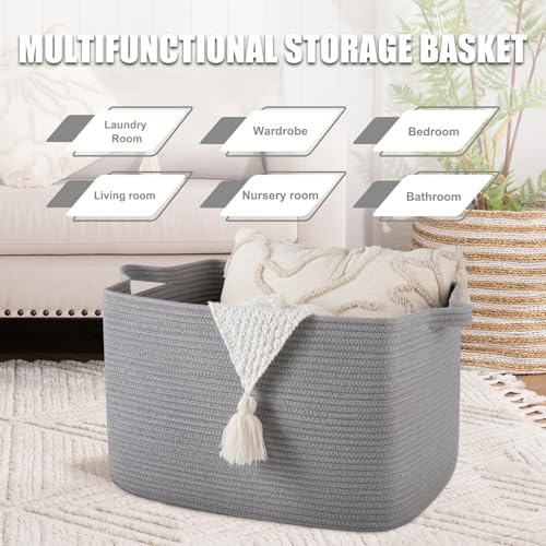 65L Cotton Rope Large Blanket Basket (19.7"x15.7"x11.8") for Living Room, Kids Room & Laundry, Storage Basket with Handle for Organizing Blankets, Pillows, Clothes & Toys, Light Grey - color: Light Grey, size: 19.7"x15.7"x11.8"