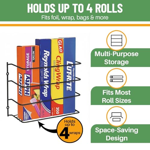 Evelots Kitchen Wrap Organizer - Hold up to 4 Plastic, Foil, Paper, Wax - Cabinet Door, Wall Rack Basket - Sandwich, Freezer, Food Bag Storage - Laundry Supplies - Black - color: Black, size: 1 Pack