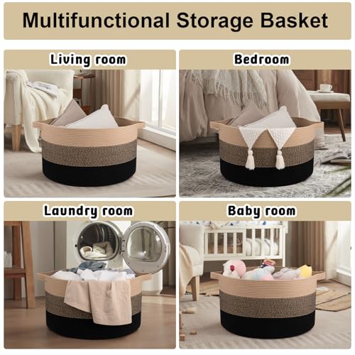 OIAHOMY 90L Blanket Basket for Living Room, Large Basket 23" x 23" x 13" with Handle, Laundry Hamper for Blankets, Pillows, Toy Storage for Kids, Dogs - Yellow and Black - color: Yellow and Black, size: 23" x 23" x 13"