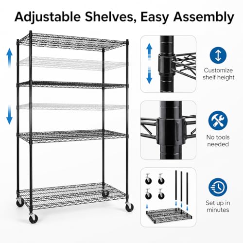 Simple Deluxe 4-Tier Heavy Duty Adjustable Storage Shelf with Wheels, 23.23”W x 17.63”D x 47.24”H, Wide Mobile Metal Shelving Unit, Easy Assembly for Living Room, Office,Black - color: Black, size: 4-Tier, 23.23”W x 17.63”D x 47.24”H