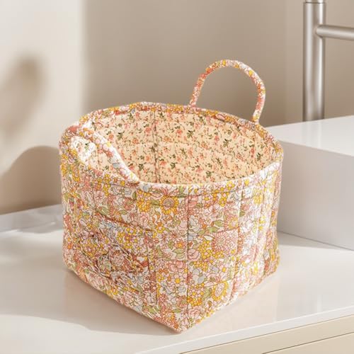 Boho Fabric Storage Basket, Boho Floral Laundry Baskets, Folding Bohemian Style Puffer Quilted Tote, Spring Vintage Storage Bag Organizer Large Capacity with Handle & Front Pocket - color: Yellow