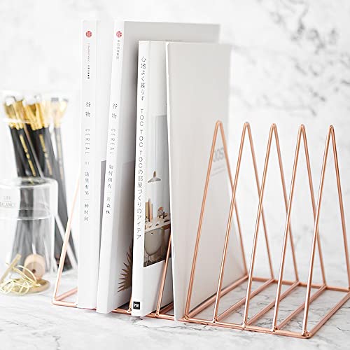 Sooyee 9 Slot Rose Gold Magazine Holder,Desktop File Sorter Organizer Triangle Bookshelf Decor Home Office - color: Rose Gold