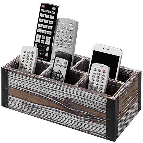 MyGift Remote Control Holder with 5-Compartment, Media Storage Organizer Remote Caddy with Black Metal Corner Wraps, for Table, Desk, Rustic Torched Wood - color: Torched Wood