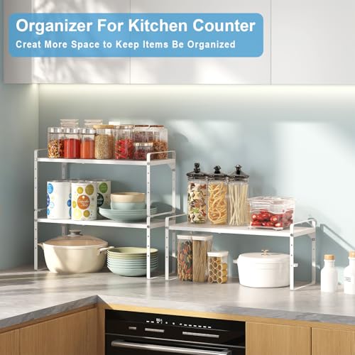 15.5 to 25.5 Inch Kitchen Cabinet Shelf Organizers, Adjustable Kitchen Counter Shelf Organizer, Set of 4 Expandable Countertop Storage Shelves, Stackable Design, 30LBS Heavy Duty, Space Saver - color: White