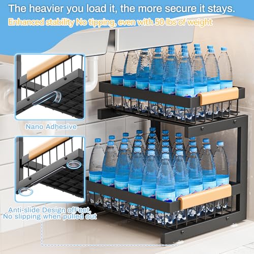 ADBIU Under Sink Organizer XL Size, 2 Packs 2 Tier Expandable Height (13.5" - 17.5") Under-Sink Organizers Slide out Pull out Bathroom Kitchen Organizers And Storage - color: Black, size: X-Large