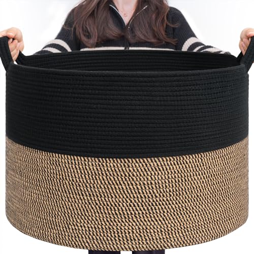INDRESSME Large Storage Baskets for Organizing, 21.7 x 13.8 Blanket Basket Living Room Dog Toy Bin, Woven Laundry Basket for Dirty Clothes, Pillows, Towel, 90L Mix Black - color: Black & Mix Camel, size: 21.7"D x 13.8"H