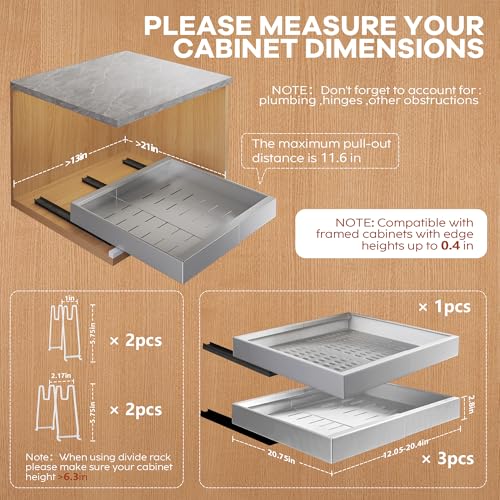 Seinloes 4Pack Expandable Pull Out Cabinet Organizer 21" Deep with Raising Pad for Framed Cabinets,Slide Out Drawers with 4pcs Divider Racks,Roll Out Shelves,Adjustable Width 12.05"-20.4" Silver - color: Silver, size: 21"D x 12.05"-20.4"W(4Pack)