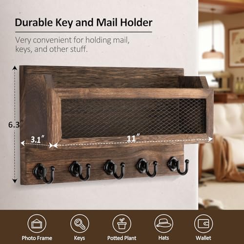Nekon Mail and Key Holder for Wall Decorative, 11 Inch Wooden Wall Key Organizer with 5 Key Hooks, Wall Mount Storage Shelf for Entryway Hallway (Brown) - color: Brown