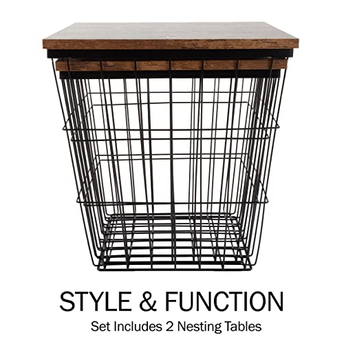 End Tables Set of 2 - Nesting Tables with Removable Wood Tops and Metal Basket Bases for Blanket Storage - Square Side Furniture for Living Room, Bedroom, or Home Office by Lavish Home (Brown) - color: Brown Square 2