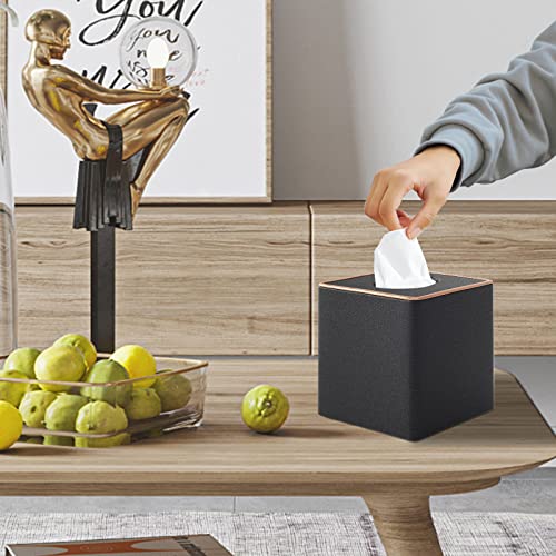 Tissue Box Cover Square Tissue Box Holder PU Leather Facial Organizer with Magnetic Bottom,Decorative Napkin Caddy for Vanity Dresser Night Stand Table Countertop Home Office Car,Black - color: Linen Texture Black