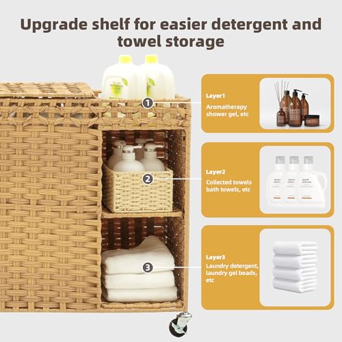 Laundry Hamper with Lid, 160L Rattan Wicker Laundry Basket with Wheels, Handwoven Laundry Hamper 2-Section with Storage shelf(42.3 Gal), Laundry Sorter Basket with Removable Liner, Natural HLH032N - color: Nature, size: 29.5”L x 13”W x26.4”H