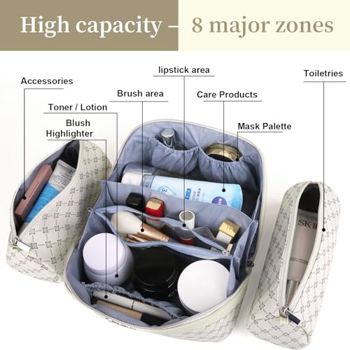BOYATU Travel Makeup Bag Cosmetic Bags for Women: 3 Pcs Set Large Capacity Make up Bag with Handle - Vegan Leather Toiletry Bags with Compartments - Makeup Organizer for Travel Essentials(A-8-White) - color: A-8-White