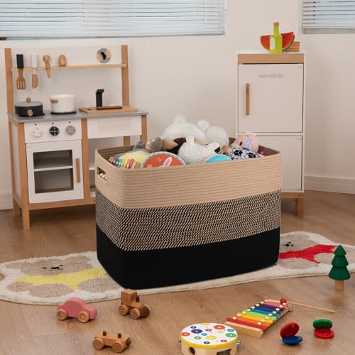OIAHOMY 108L Super Large Blanket Basket, 25”x16”x16” Rectangle Woven Baskets for Storage, Cotton Rope Basket For Living Room, Toy Storage with Handle- Yellow and Black - color: Yellow and Black