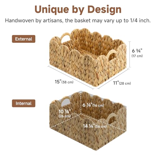 StorageWorks Scalloped Water Hyacinth Baskets, Hand-woven Rattan Baskets with Built-in Handles, Cute Baby Basket for Nursery, Basket for Organizing and Decor, 15"L x 11"W x 6¾"H - color: Water Hyacinth(Natural), size: 15"L x 11"W x 6¾"H