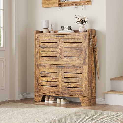 Garvee Shoe Storage Cabinet with 2 Flip Drawers, Freestanding Shoe Organizer Storage for Entryway with 2 Side Hooks, Farmhouse Hidden Slim Narrow Shoe Rack Cabinet, Rustic Brown - color: Rustic Brown, size: 2-Drawers